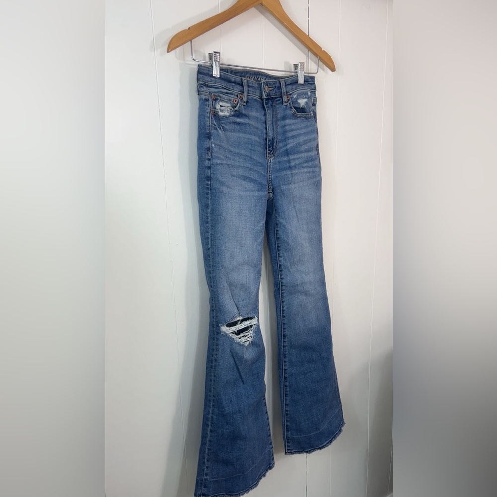American Eagle High Rise Flare Jeans Size 0 Bohemian 90s Festival High Waist - Picture 15 of 16